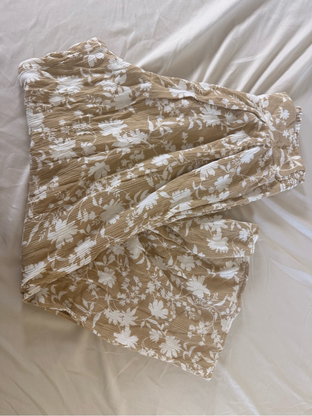 Beige Wide-Leg Floral Pants